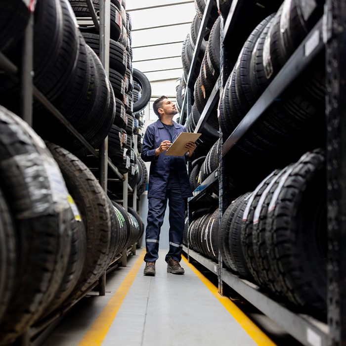 man inspecting tires on a rack
