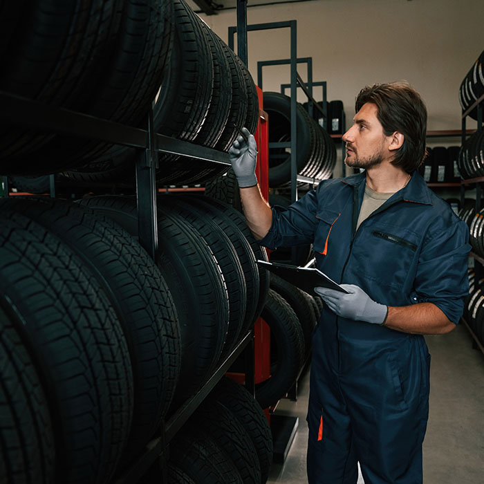 man inspecting tires on a rack
